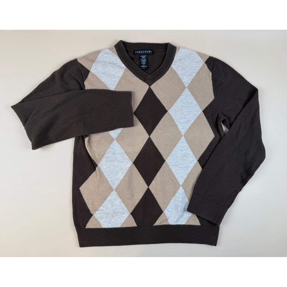 Preppy Argyle Knit Sweater V-Neck Brown Tan Small Structure